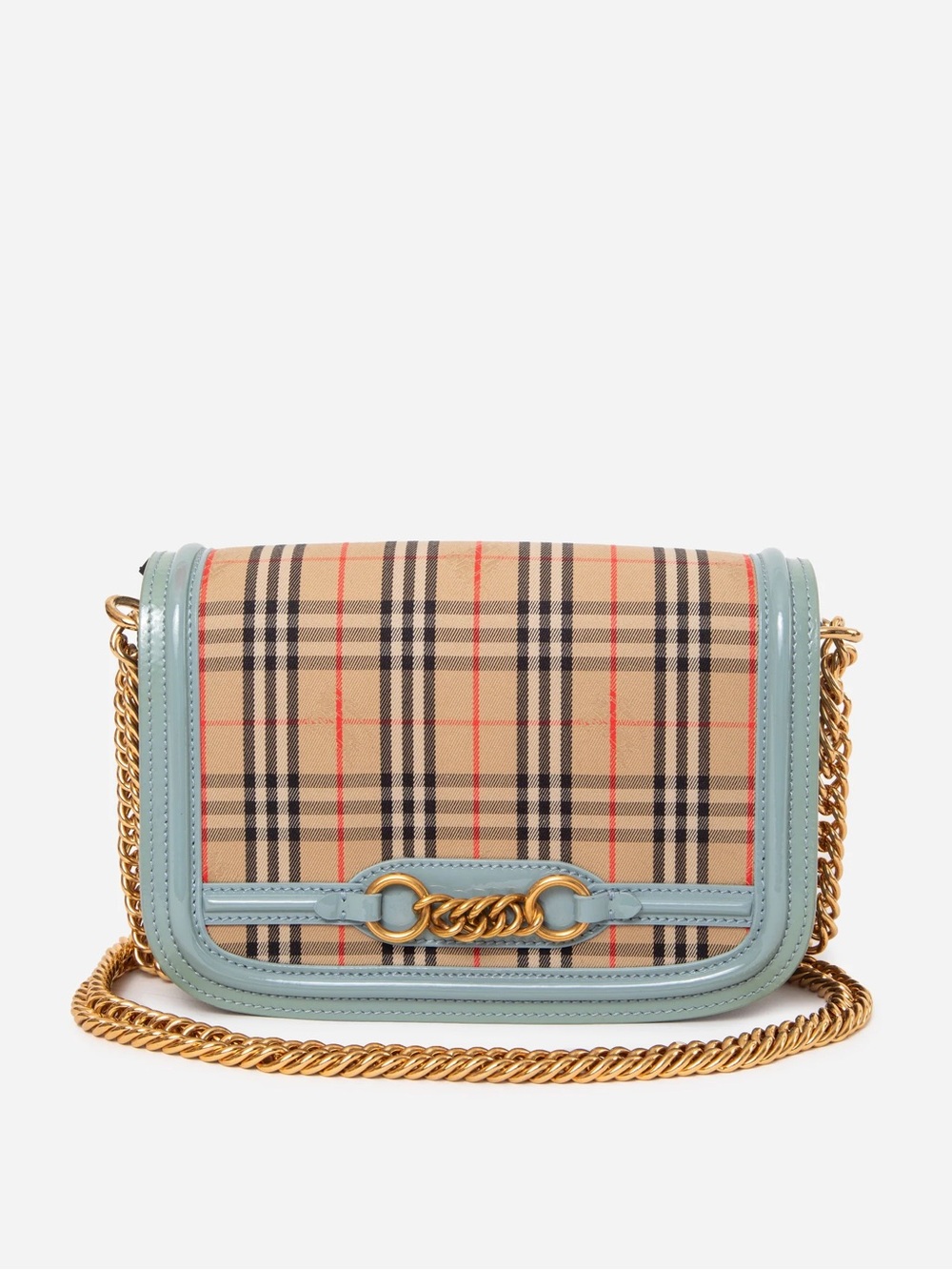 Burberry Blue Patent Knight Check Link Shoulder Bag